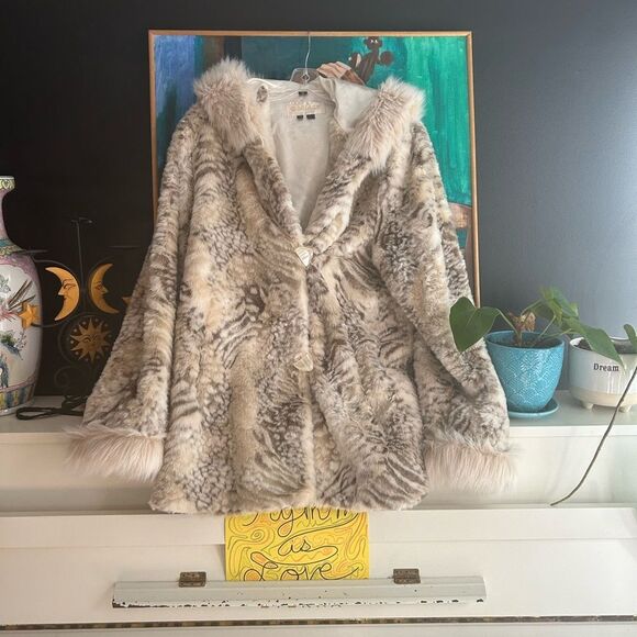 VTG! Nuage Collection Cream Faux Fur Hooded Coat Tiger Print L/G 90s Cozy Glam - Picture 8 of 15